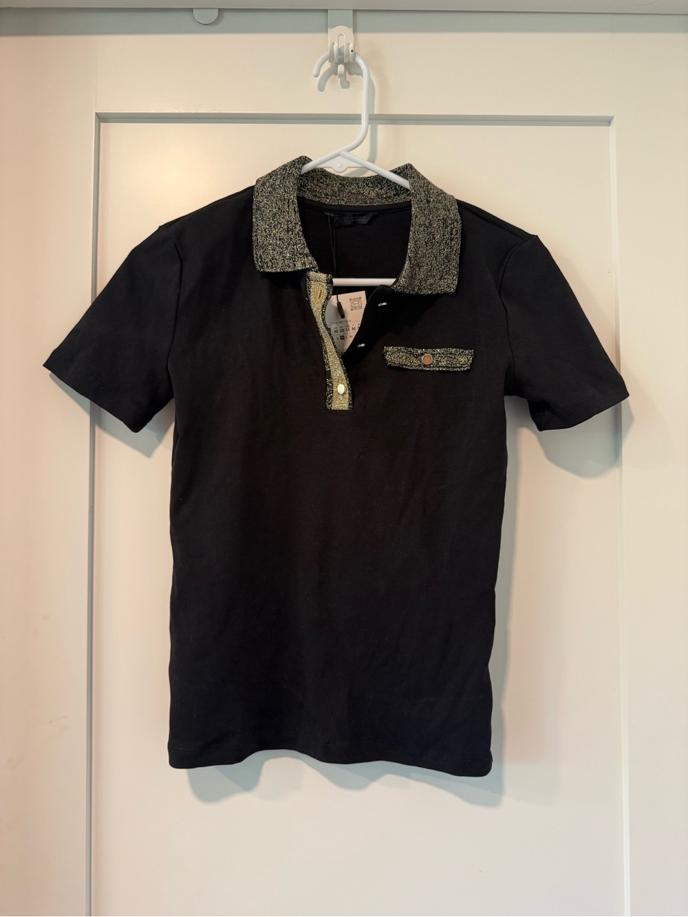 Zara Black Short-Sleeve Polo with Metallic-Trim Collar - Picture 3 of 3